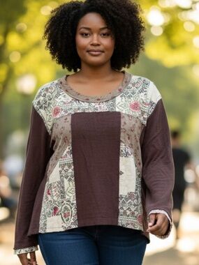 POL Patchwork Long Sleeve Top